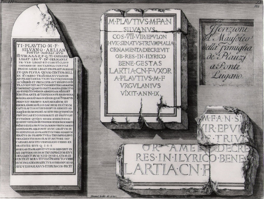 iscrizioni del mausoleo della famiglia de' Plauzj a Ponte Lugano (stampa, s
